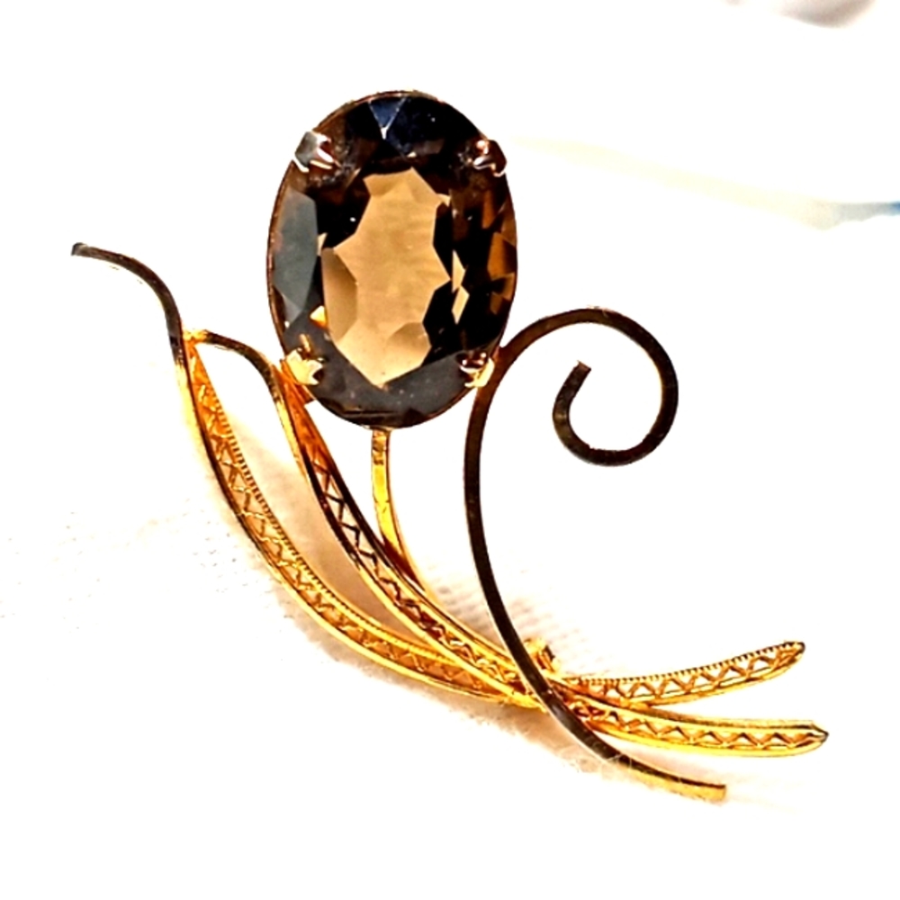 18mm x 13mm NATURAL Smokey Quartz 12K GF Filigree Spray Brooch Pin